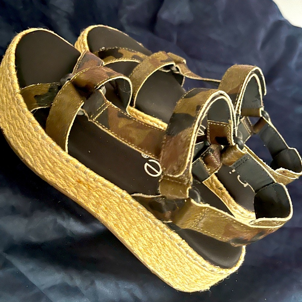 Nicole Miller army fatigue print sandals with faux fur.